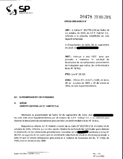 Oficio Ordinario Nº 30478, del 29 de noviembre de 2016