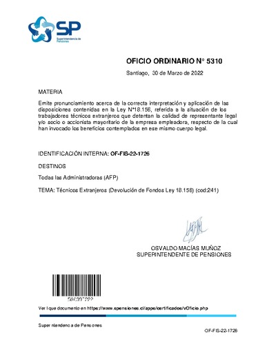 Oficio Ordinario Nº 5310, del 30 de marzo de 2022