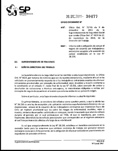 Oficio Ordinario Nº 30477, del 30 de diciembre de 2011