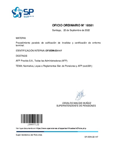 Oficio Ordinario Nº 18581, del 22 de septiembre de 2022