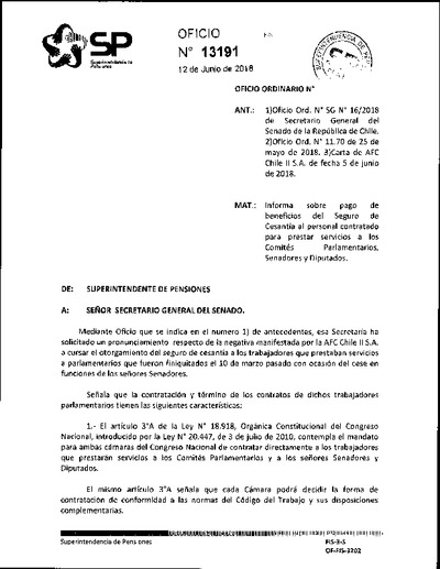 Oficio Ordinario Nº 13191, del 12 de junio de 2018