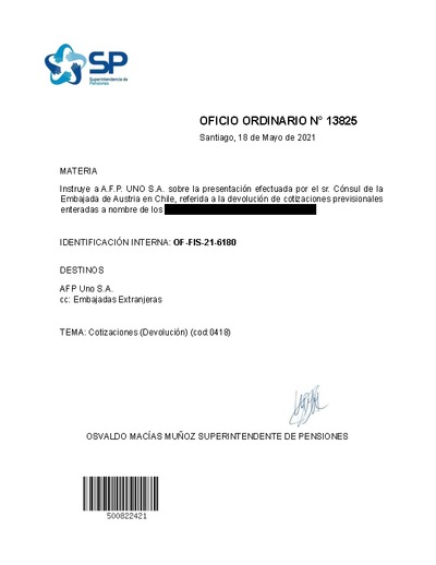 Oficio Ordinario N° 13825, del 18 de mayo de 2021