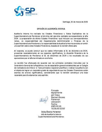 Opinión de Auditoría Interna sobre Estados Financieros y Notas Explicativas de la SP 2024.