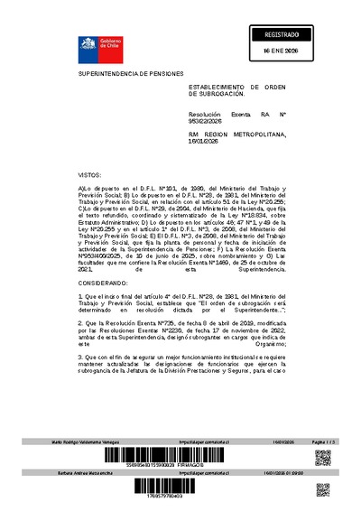 Resolución Exenta N° 95322, del 16 de enero de 2026, que establece orden de subrogación de jefaturas de la División Prestaciones y Seguros de la Superintendencia de Pensiones.