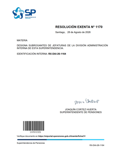 Resolución Exenta N° 1170, del 28 de agosto de 2026, que designa subrogantes de jefaturas de la División Administración Interna de la Superintendencia de Pensiones.