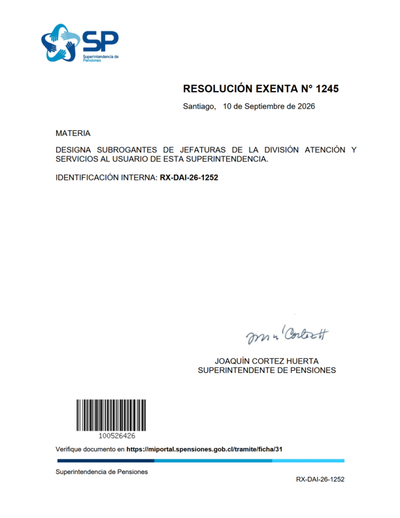 Resolución Exenta N° 1245, del 10 de septiembre de 2026, que designa subrogantes de jefaturas de la División Atención y Servicios al Usuario de la Superintendencia de Pensiones.