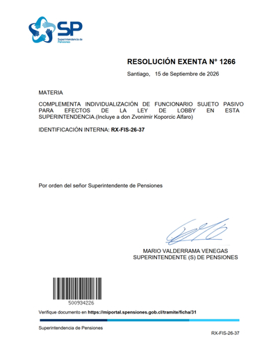 Resolución Exenta N° 1266, del 15 de septiembre de 2026, que complementa individualización de funcionario sujeto pasivo para efectos de la Ley de Lobby en la Superintendencia de Pensiones.