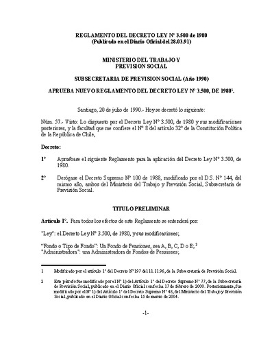Reglamento del Decreto Ley N° 3.500, de 1980. Documento actualizado a septiembre de 2025.