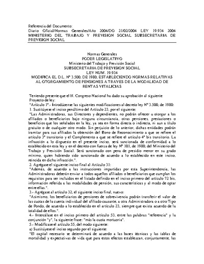Ley N° 19.934, del 30 de enero de 2004, que modifica el Decreto Ley N°3.500 de 1980, en lo relativo a pensiones por renta vitalicia.