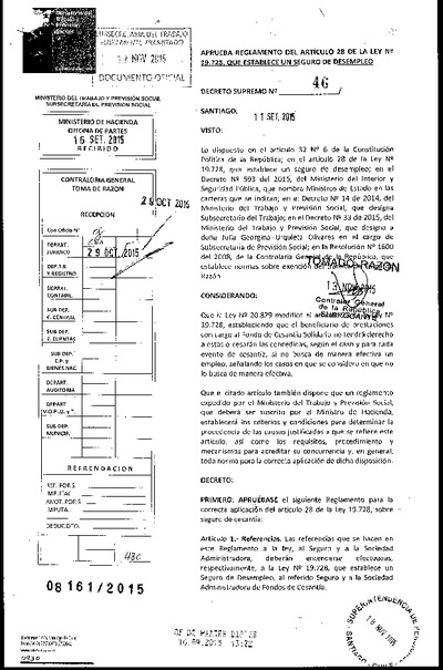 D.S. N°250 sobre reglamento del articulo 28 de la Ley N° 19.728. Emitido en 2001 (actualizado a marzo de 2012)