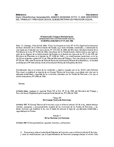 Decreto N° 13, del 14 de abril de 2008, sobre reglamento del Consejo Técnico de Inversiones; modifica el Decreto N° 57 de 1990.
