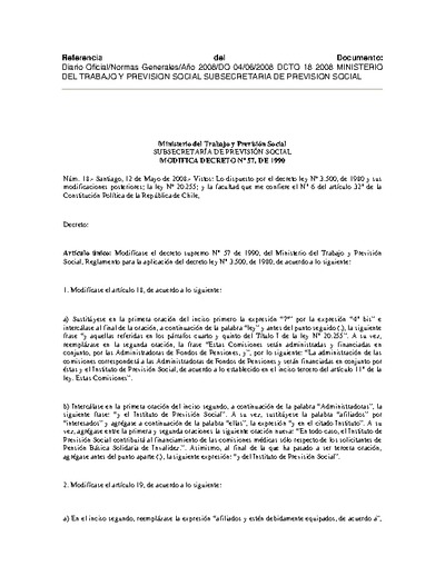 Decreto N° 18, del 12 de mayo de 2008, relativo al reglamento de las Comisiones Médicas de Invalidez.
