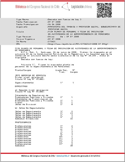 DFL N° 3, del 4 de julio de 2008, que fija la planta de personal y fecha de iniciación de actividades de la SP.