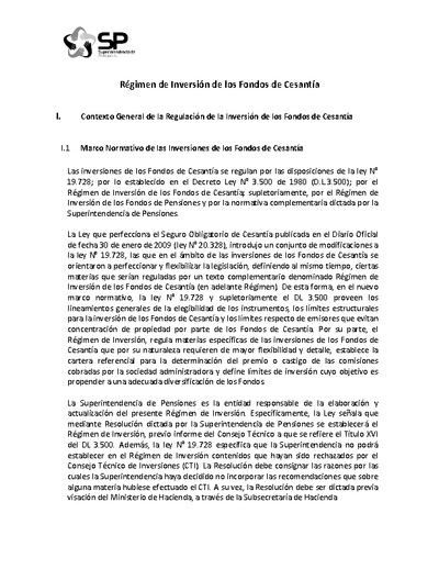 Régimen de Inversión Fondos de Cesantía vigente a partir del 1° de diciembre de 2012