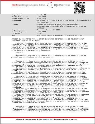 Decreto Supremo N° 28, del 6 de junio de 2008, relativo a reglamento para la determinación de beneficiarios de Pensión Básica Solidaria (PBS) carentes de recursos.