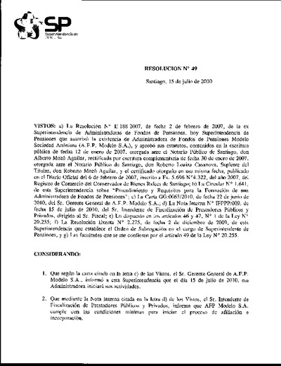 Resolución N° 49, del 15 de julio de 2010